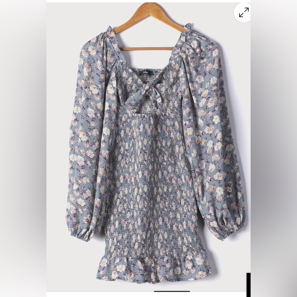 Lulus see me bloom dusty blue floral print smocked long sleeve dress xs